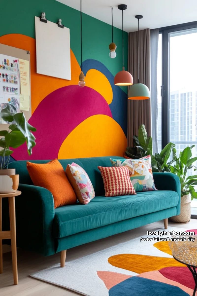 vibrant geometric wave mural with overlapping bold curves in sunset shades 1
