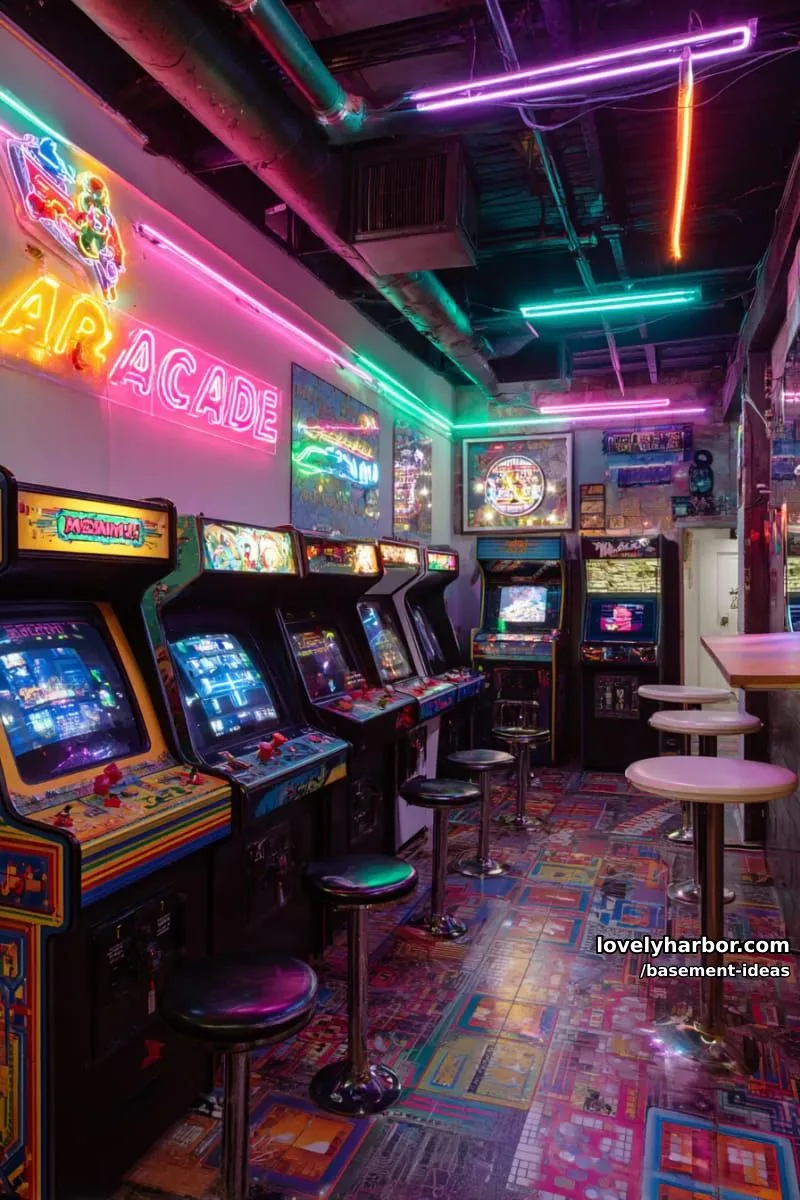 15 Creative Basement Design Ideas with Wow Factor 30 vibrant retro arcade zone with neon lights and vintage gaming machines. 1