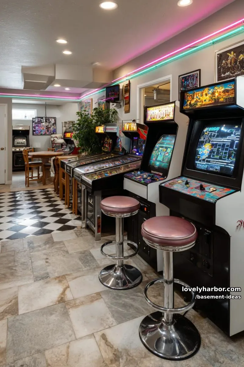 15 Creative Basement Design Ideas with Wow Factor 31 vibrant retro arcade zone with neon lights and vintage gaming machines. 1