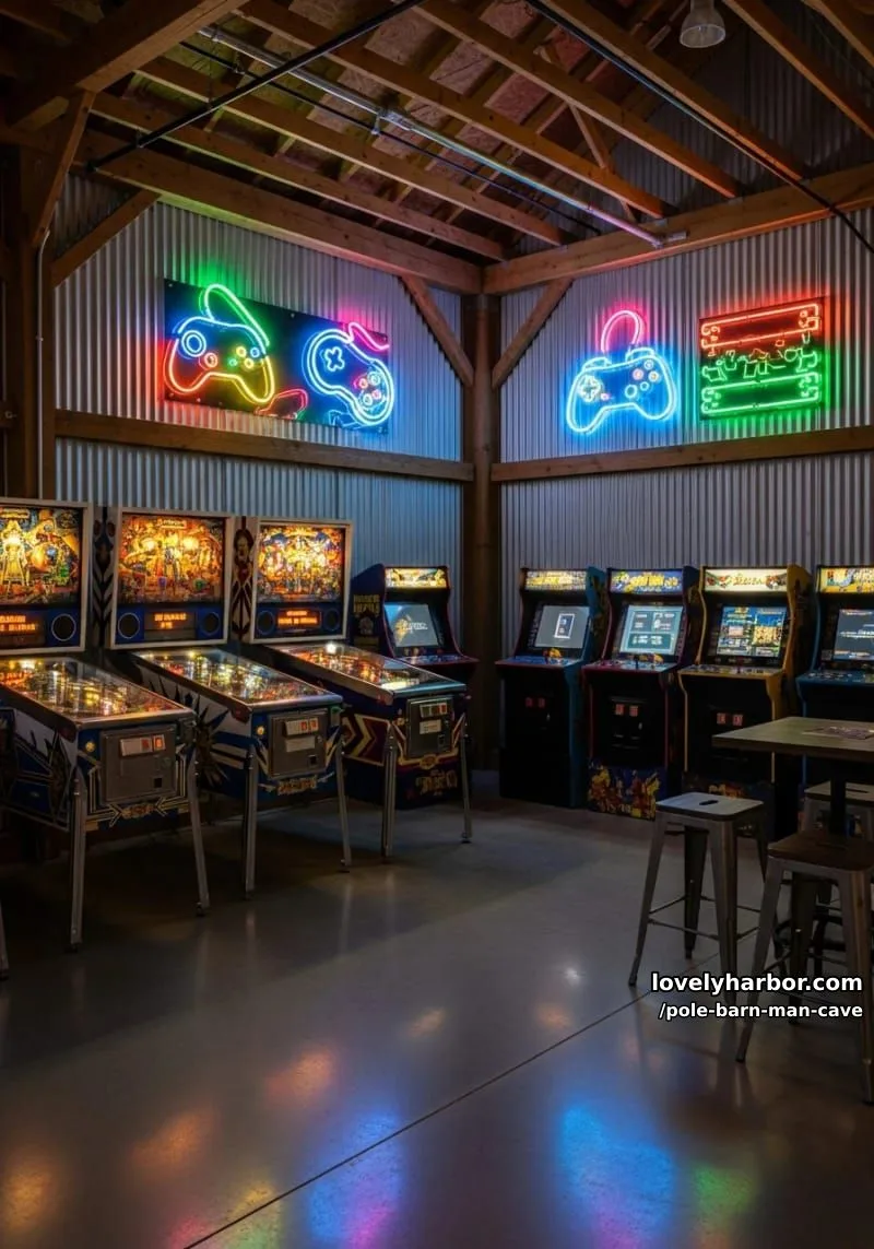vintage arcade corner featuring neon signage and retro pinball machines 1