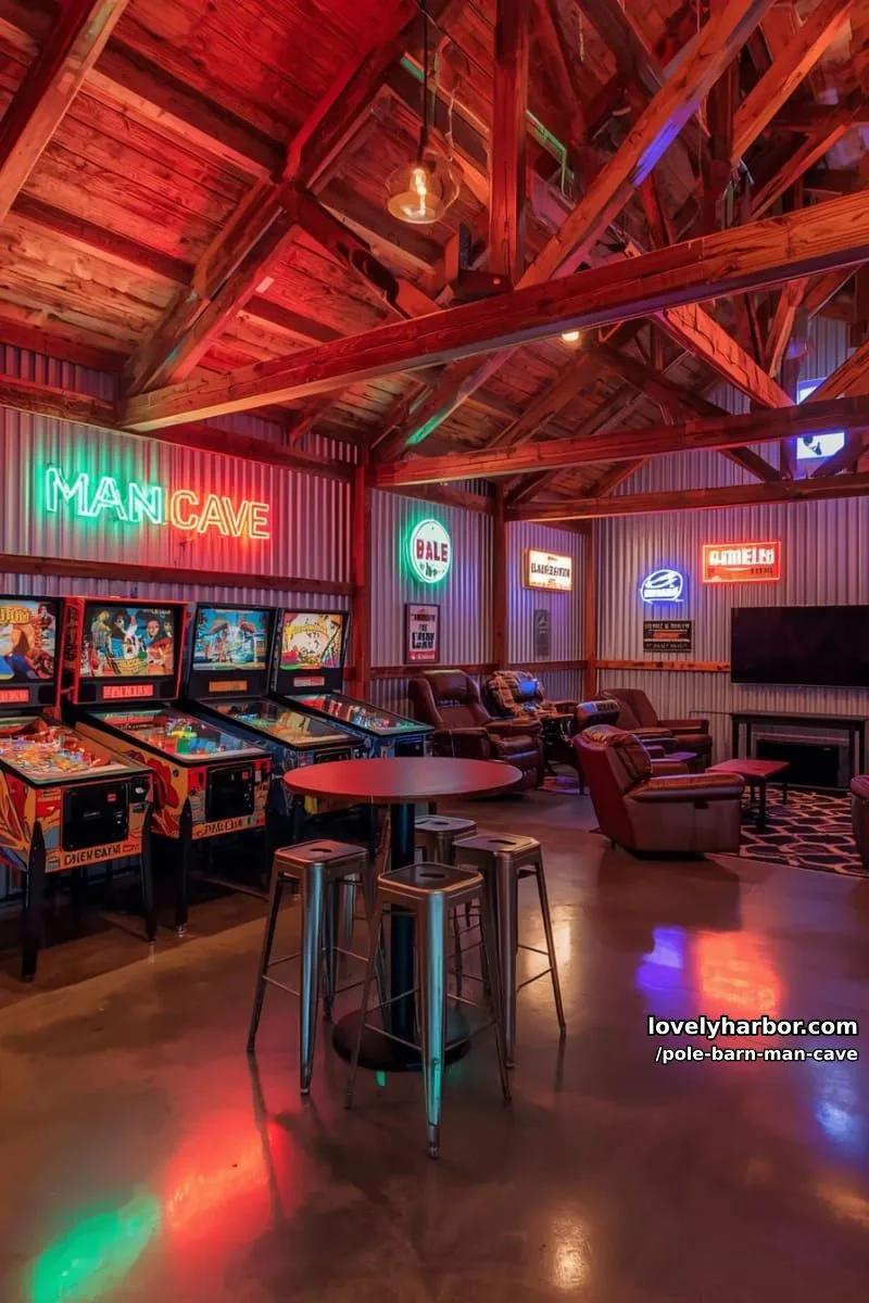vintage arcade corner featuring neon signage and retro pinball machines 1