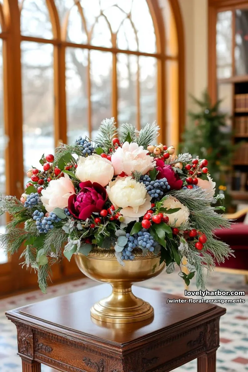 vintage brass bowl with winter peonies, fir, and clusters of berries 1