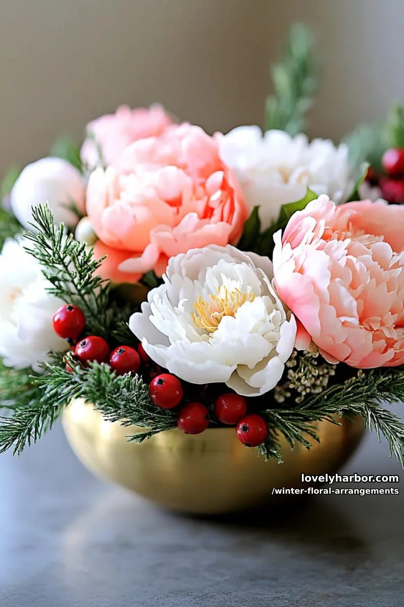 vintage brass bowl with winter peonies, fir, and clusters of berries 1