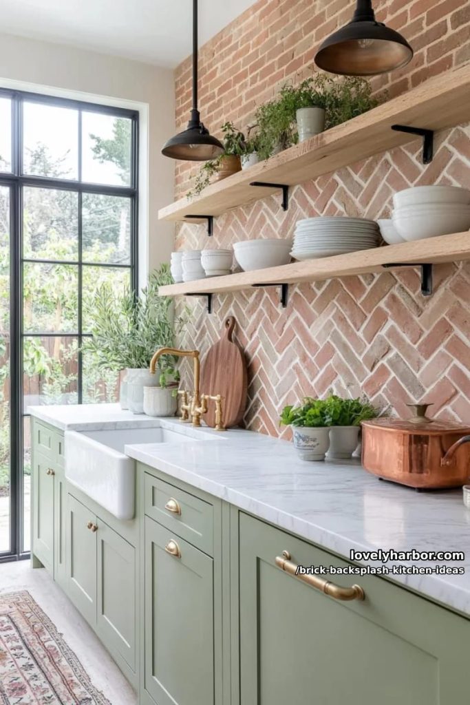 vintage brick tile backsplash arranged in a dramatic herringbone pattern 8