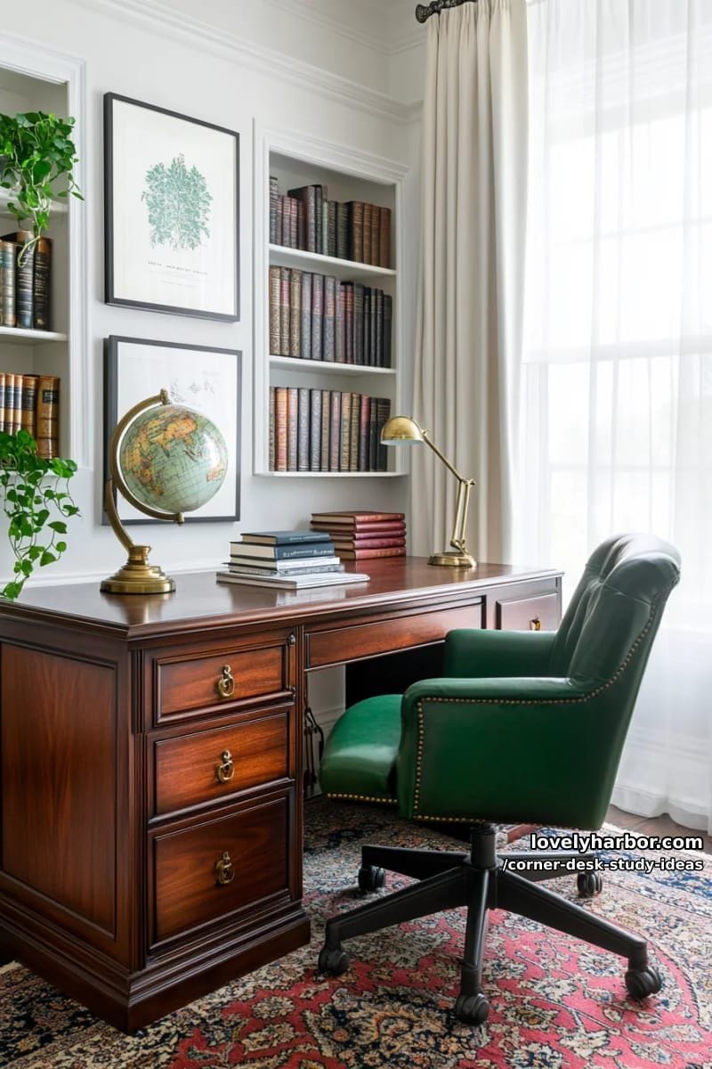 vintage-inspired corner study with globe, brass lamp, and leather-bound books 1