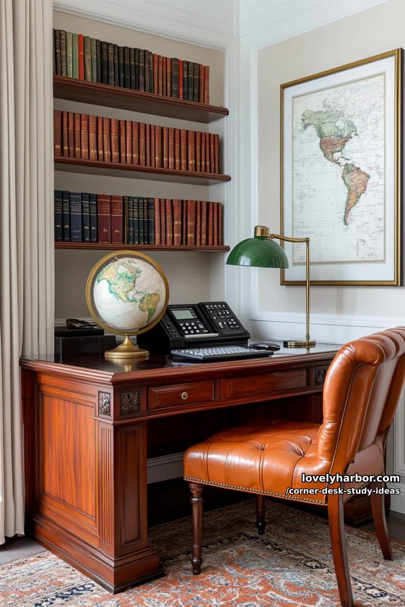 vintage-inspired corner study with globe, brass lamp, and leather-bound books 1