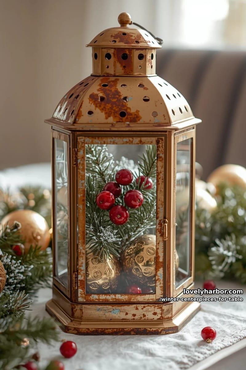 vintage lantern filled with pine sprigs, cranberries, and gold baubles 1