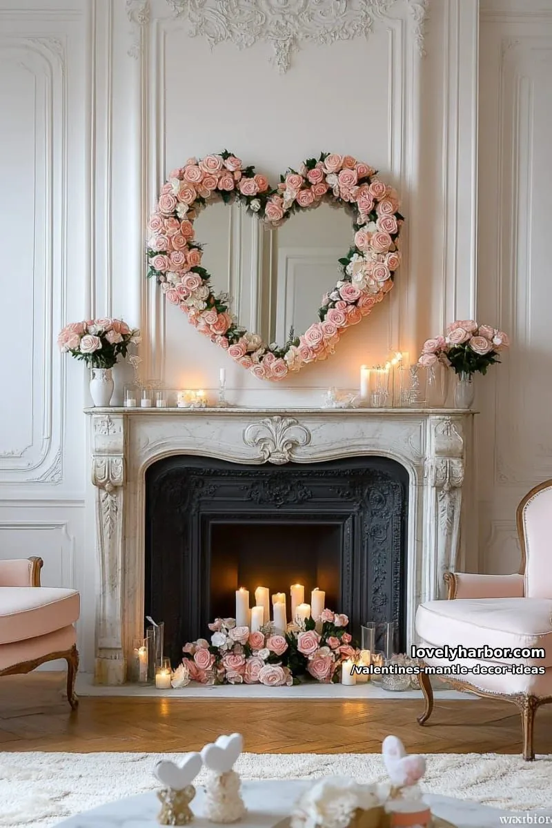 vintage mirror surrounded by pink heart-shaped wreaths and white fairy lights 1