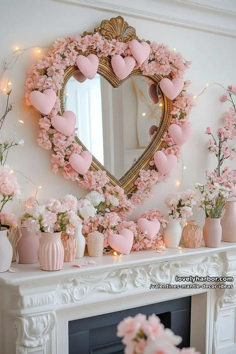vintage mirror surrounded by pink heart-shaped wreaths and white fairy lights 1