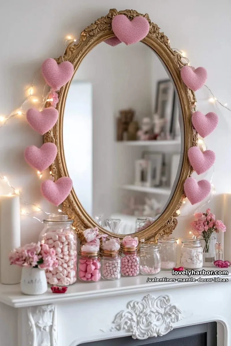 vintage mirror surrounded by pink heart-shaped wreaths and white fairy lights 1