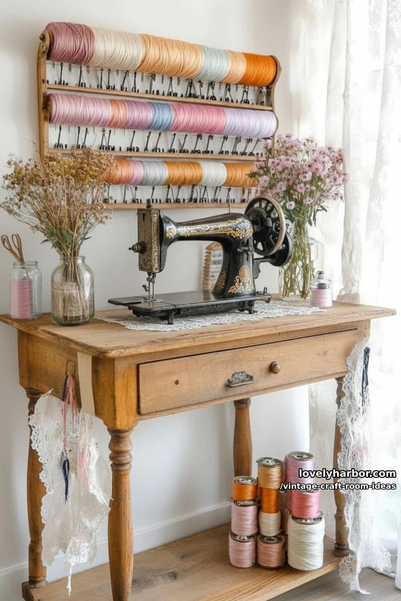 vintage sewing machine vignette with pastel thread racks and dried florals 1
