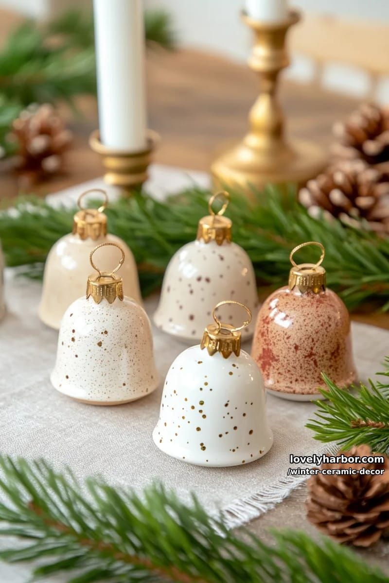 vintage style ceramic bell ornaments with gold splatter accents 1