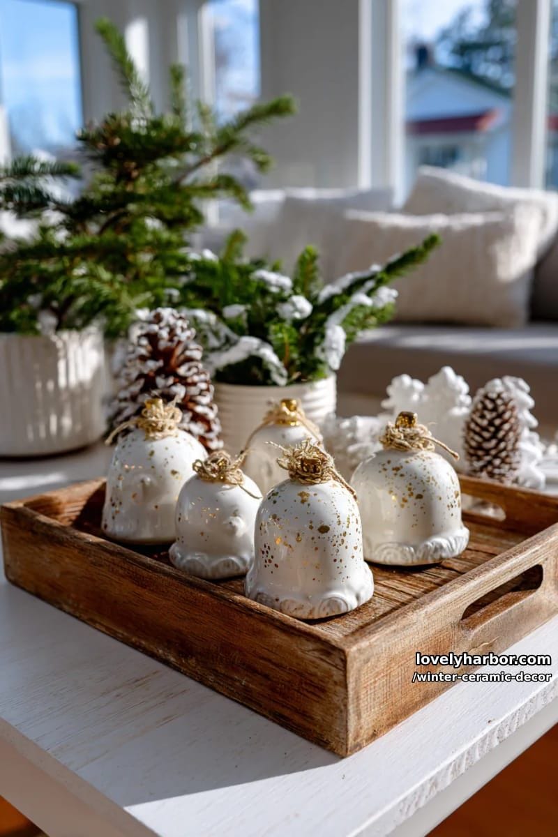vintage style ceramic bell ornaments with gold splatter accents 1