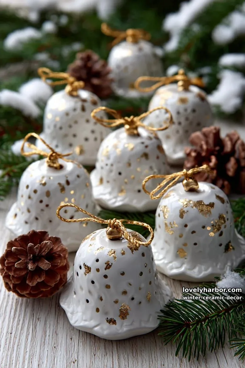 15 Cool Winter Ceramic Decor Ideas for a Winsome Home 30 vintage style ceramic bell ornaments with gold splatter accents 1