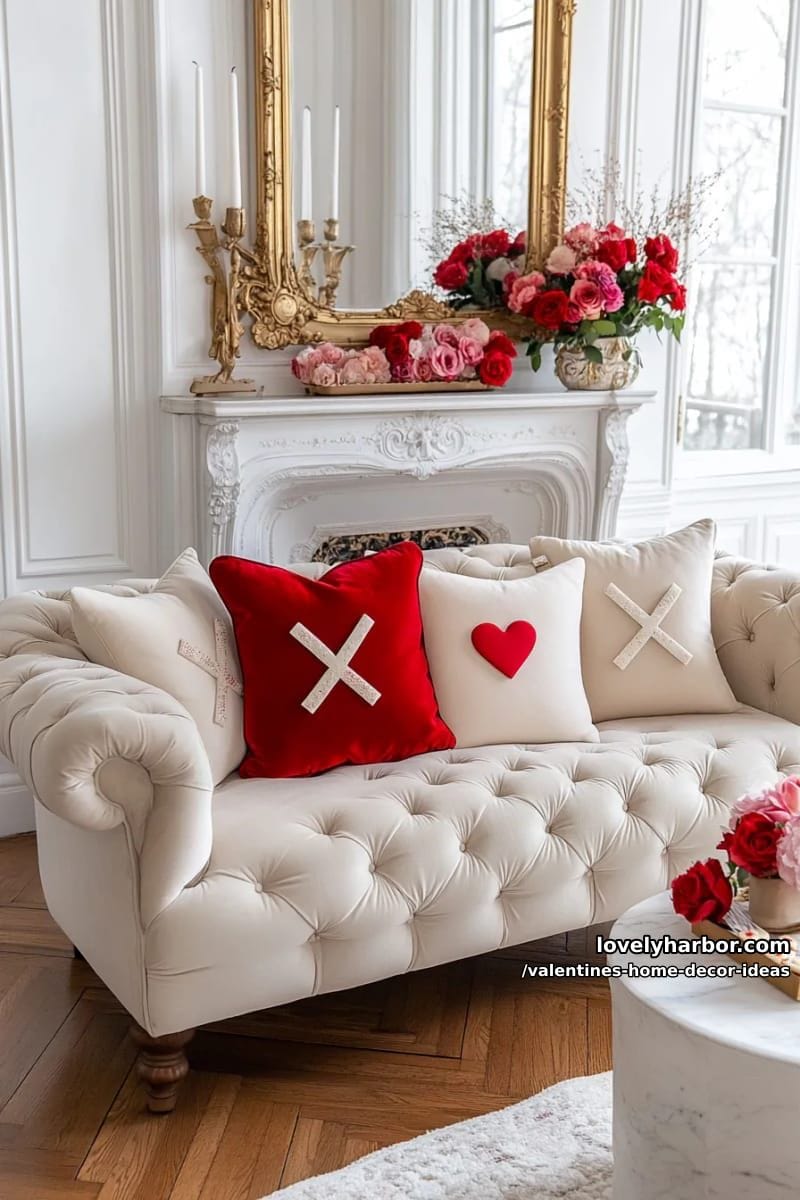 vintage tic-tac-toe with x’s and o’s pillows on the sofa 1