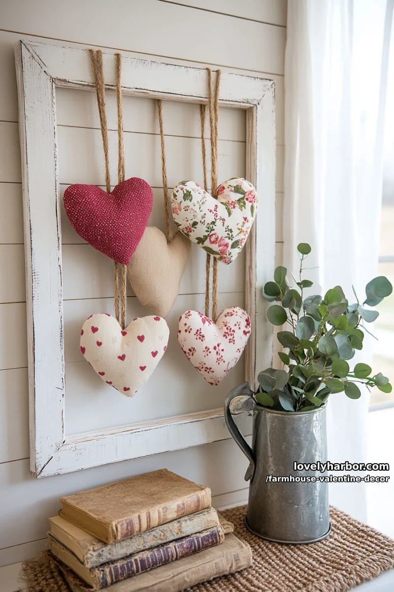 19 Farmhouse Valentine's Day Home Decor Ideas 18 vintage window frame decorated with twine and hanging fabric hearts 1