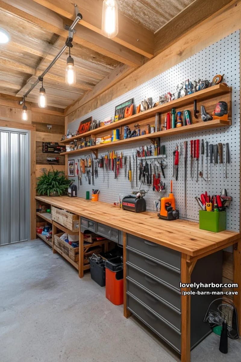 wall-mounted tool display paired with a custom-built workbench for diy projects 1