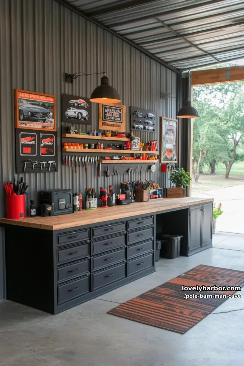 wall-mounted tool display paired with a custom-built workbench for diy projects 1