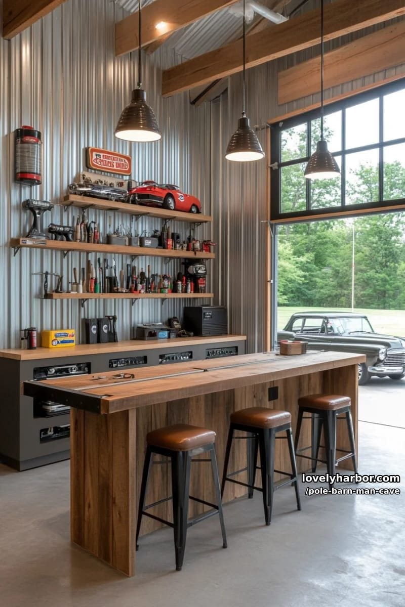 wall-mounted tool display paired with a custom-built workbench for diy projects 1