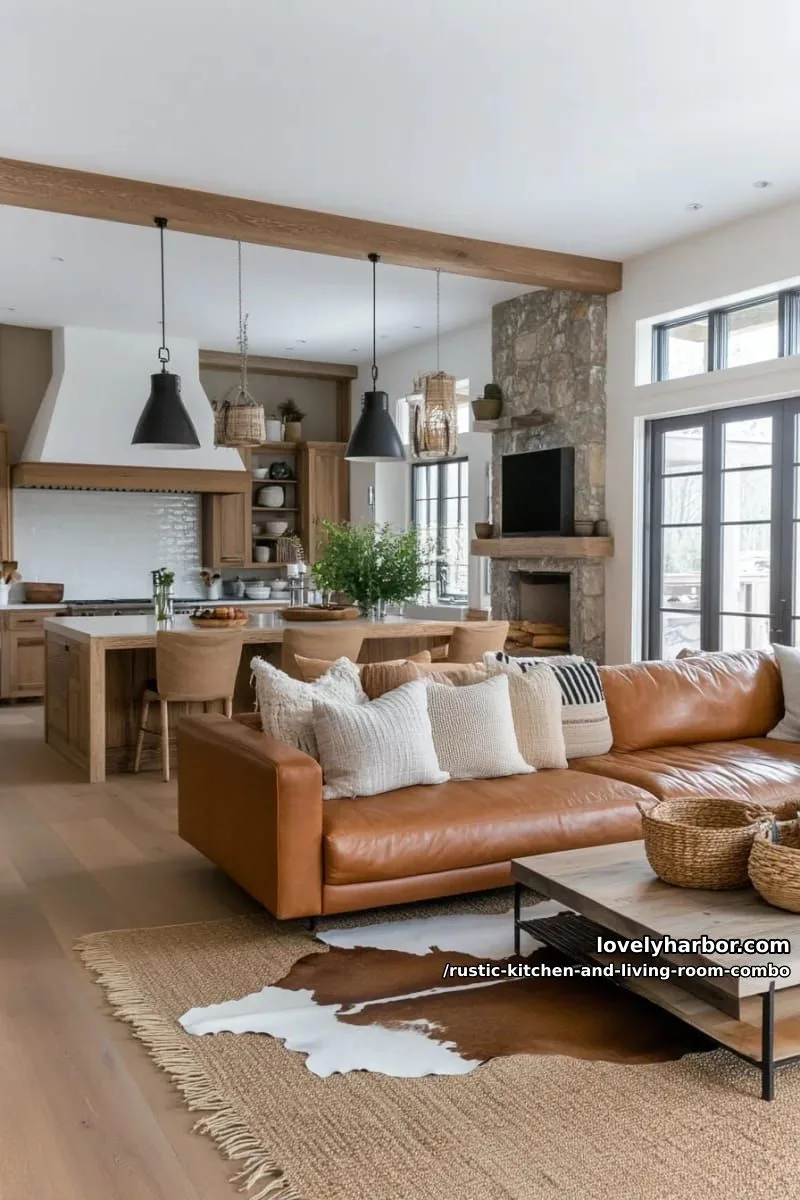 warm tan leather sectional paired with chunky knit throws and cowhide rug 1