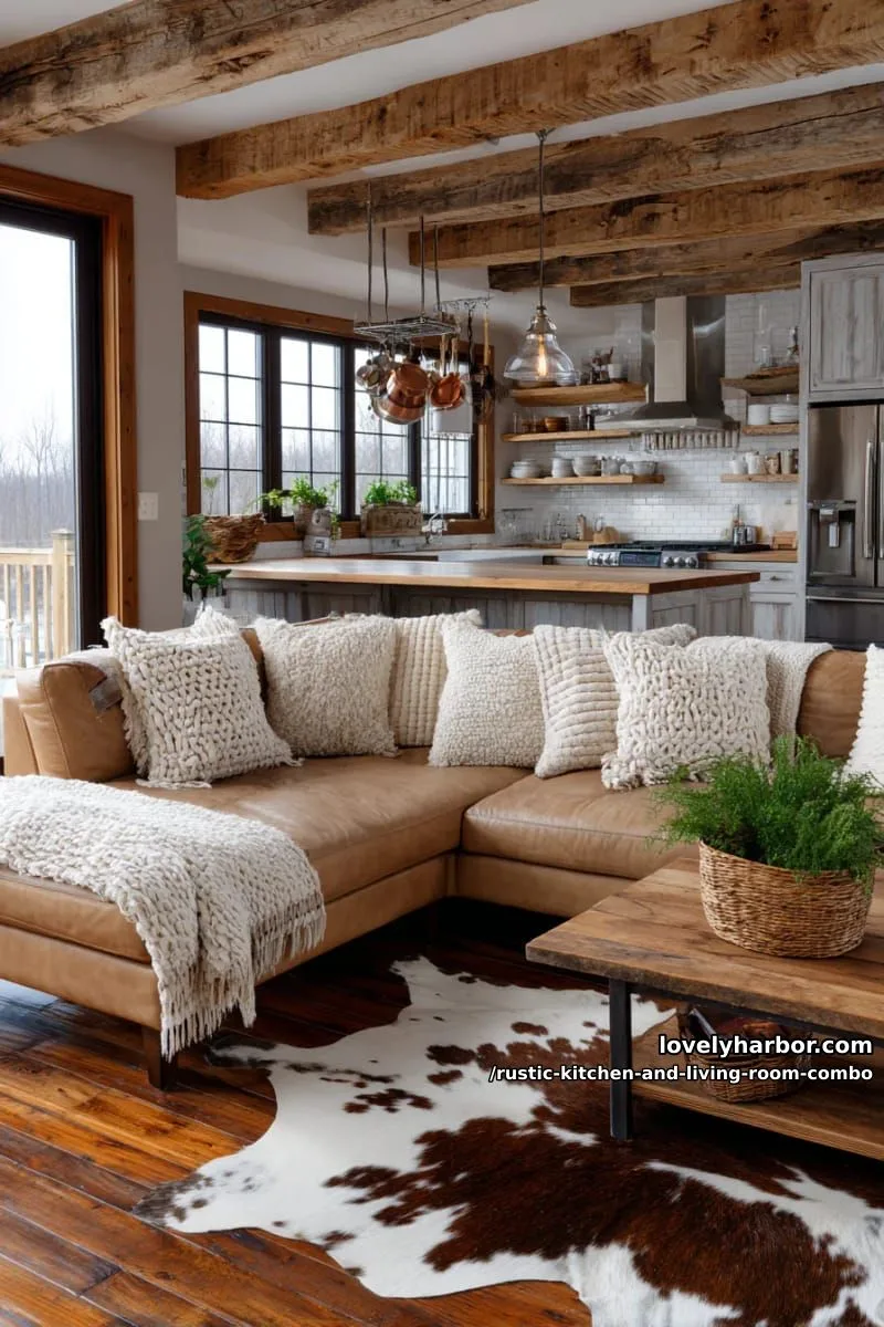 warm tan leather sectional paired with chunky knit throws and cowhide rug 1