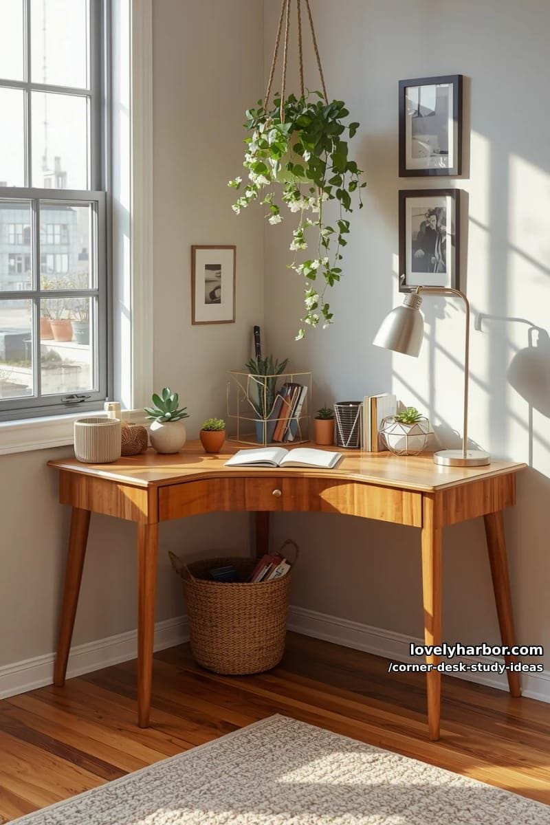 warm wood corner desk lined with potted succulents and geometric organizers 1