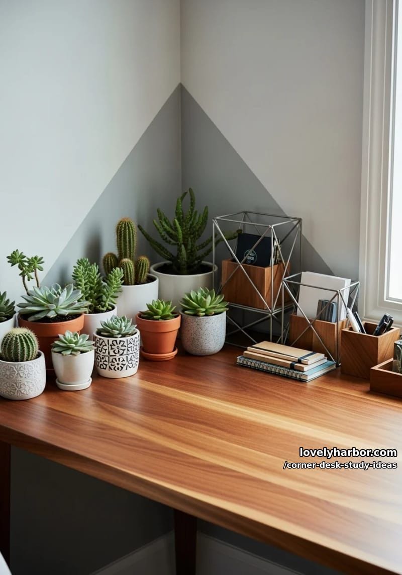 warm wood corner desk lined with potted succulents and geometric organizers 1