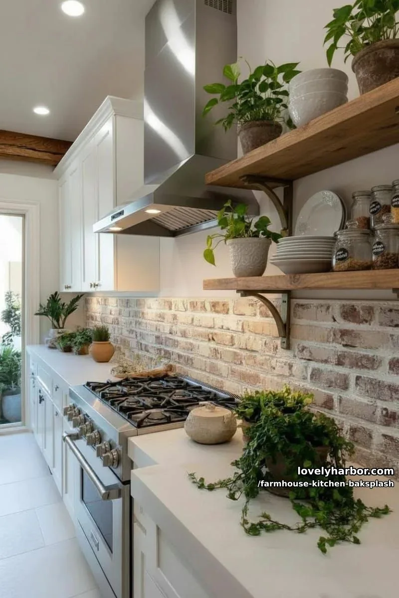 weathered brick backsplash paired with open wood farmhouse shelves and greenery accents 1