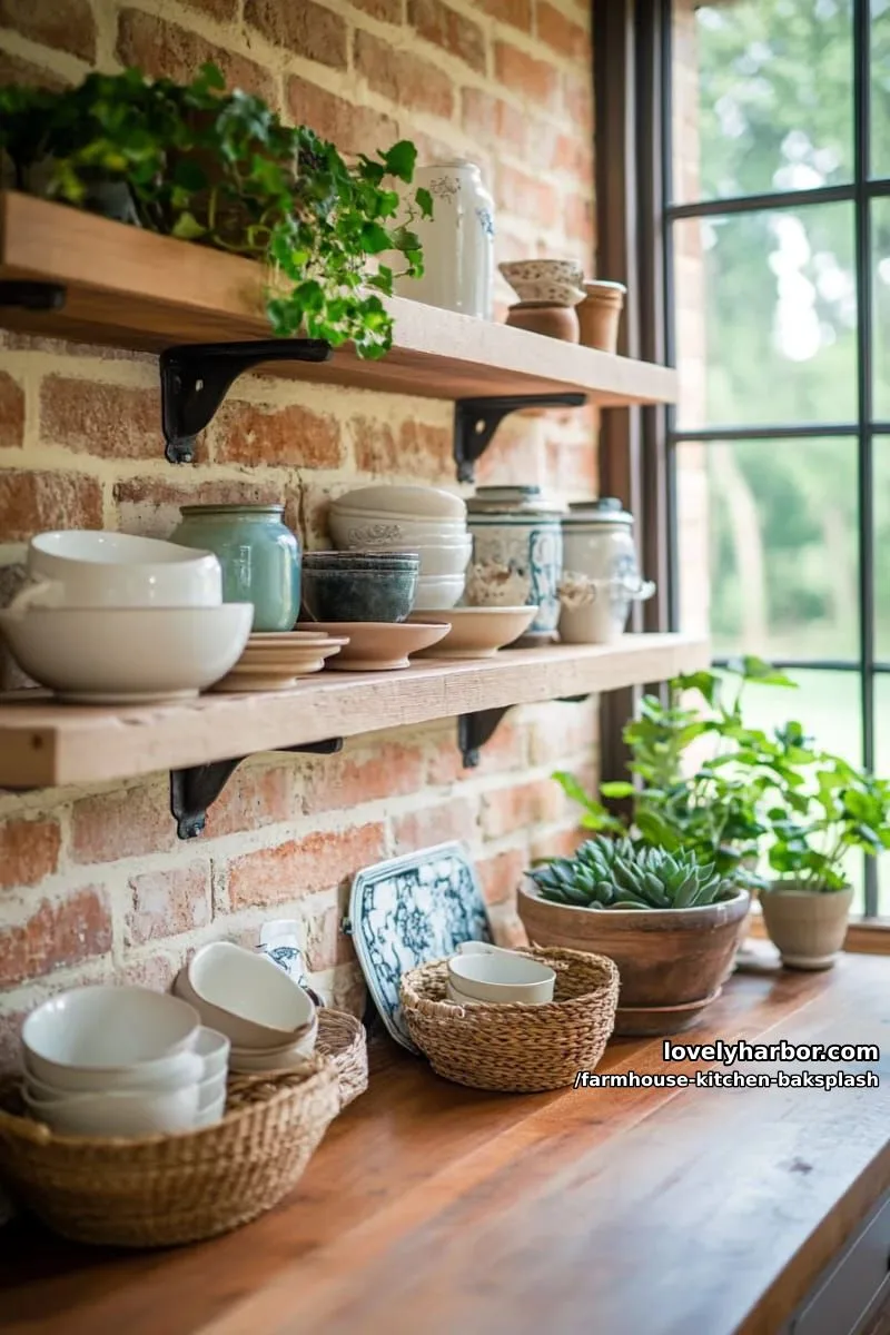 weathered brick backsplash paired with open wood farmhouse shelves and greenery accents 1