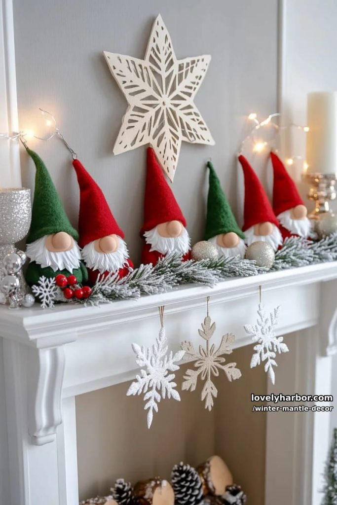 whimsical layout: twinkling string lights, paper snowflakes, and tiny gnome figurines. 27