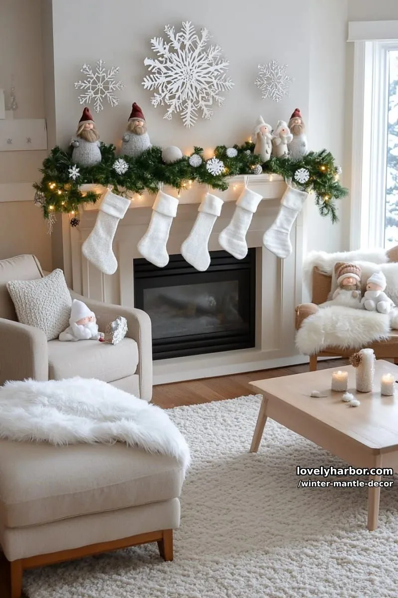15 Stylish Winter Mantel Looks to Elevate Your Home 28 whimsical layout: twinkling string lights, paper snowflakes, and tiny gnome figurines. 1