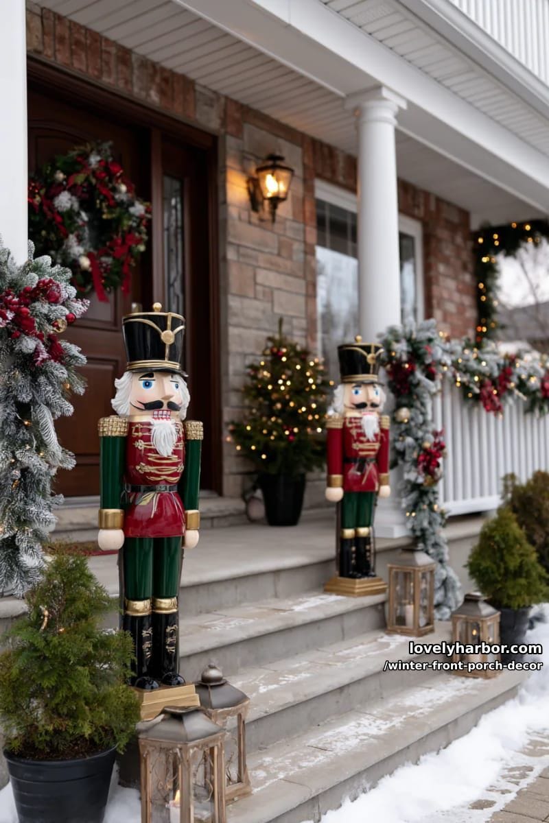 whimsical oversized nutcracker statues flanking the front steps 1