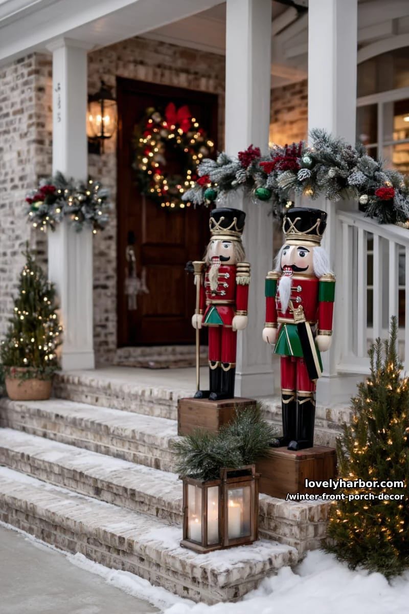 whimsical oversized nutcracker statues flanking the front steps 1