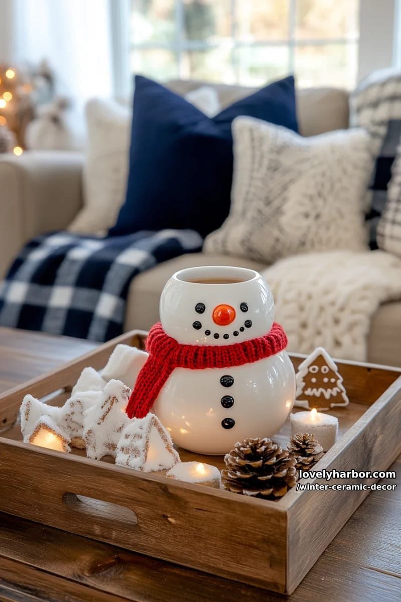 whimsical snowman mug with tiny carrot nose and red scarf handle 1