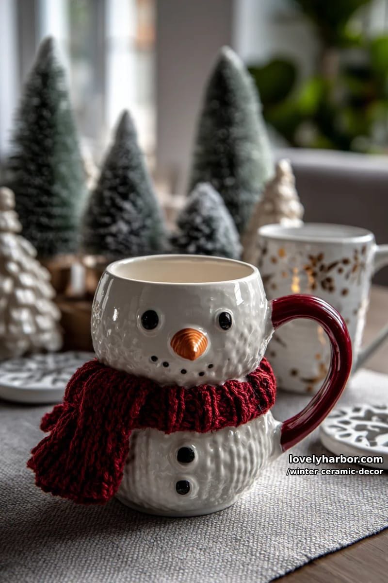 whimsical snowman mug with tiny carrot nose and red scarf handle 1