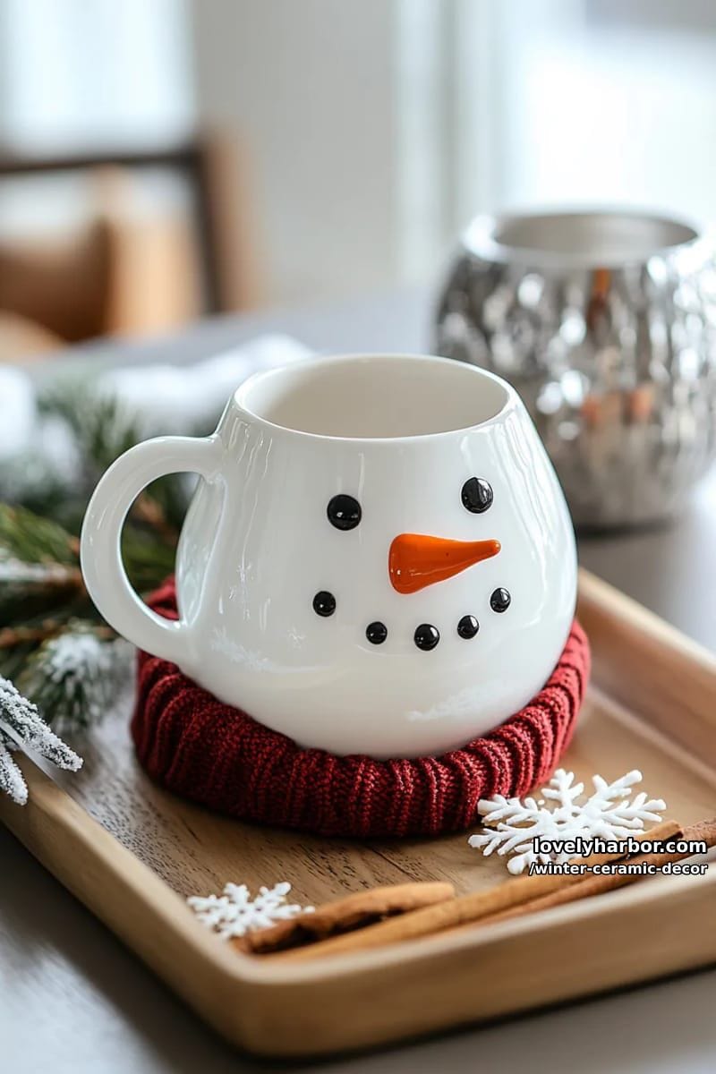 whimsical snowman mug with tiny carrot nose and red scarf handle 1