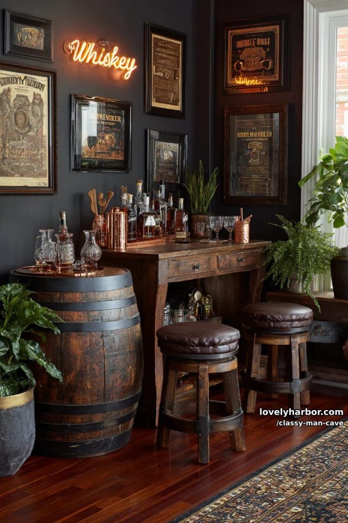 whiskey tasting corner with barrel stools and custom neon signage 24