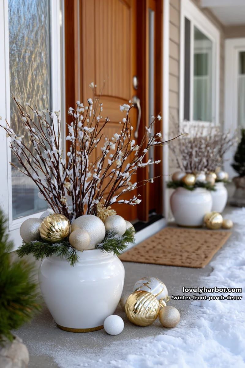 white and gold potted arrangements with snowy twigs and metallic ornaments 1