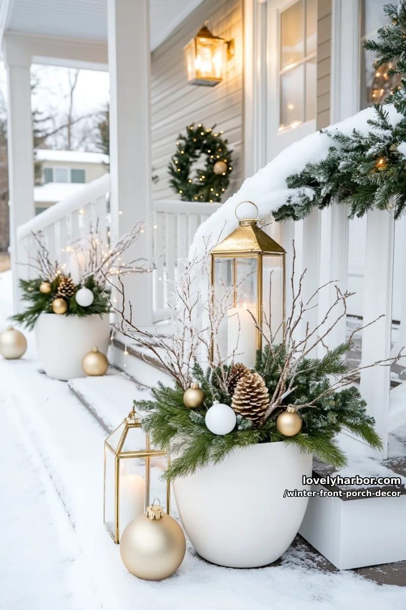 white and gold potted arrangements with snowy twigs and metallic ornaments 1