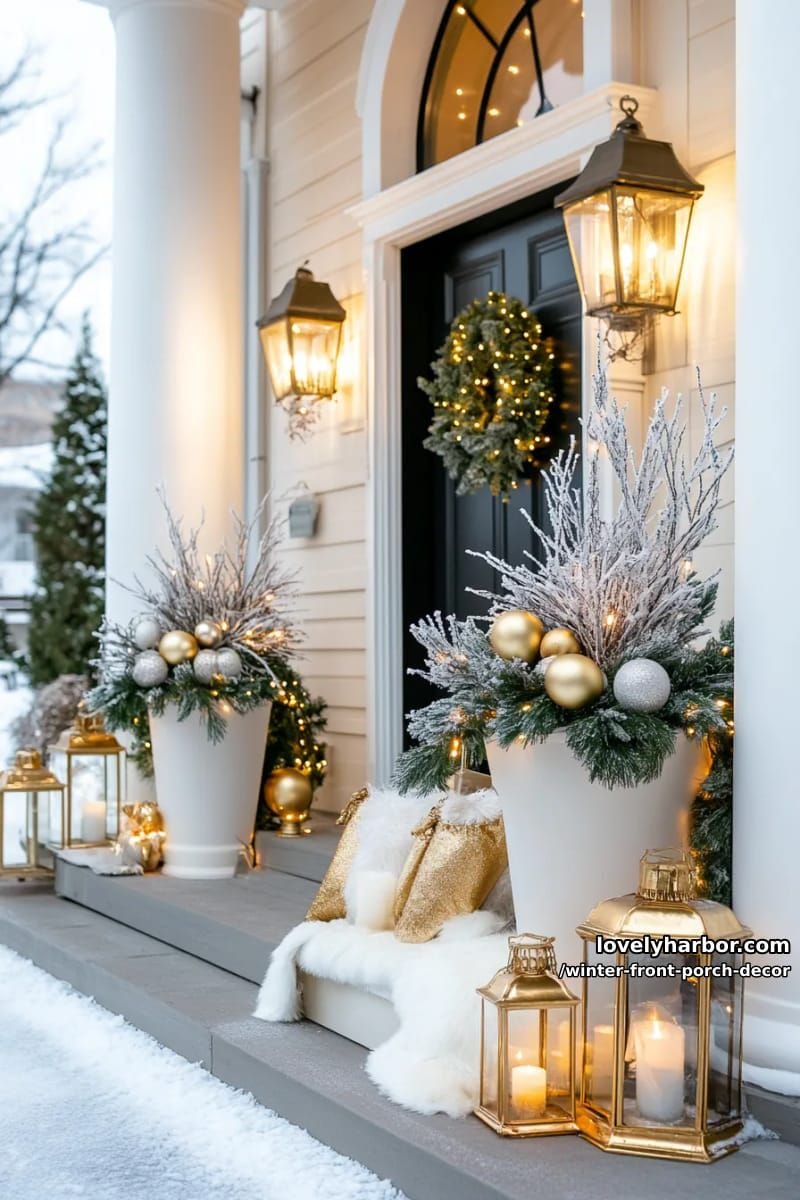 white and gold potted arrangements with snowy twigs and metallic ornaments 1