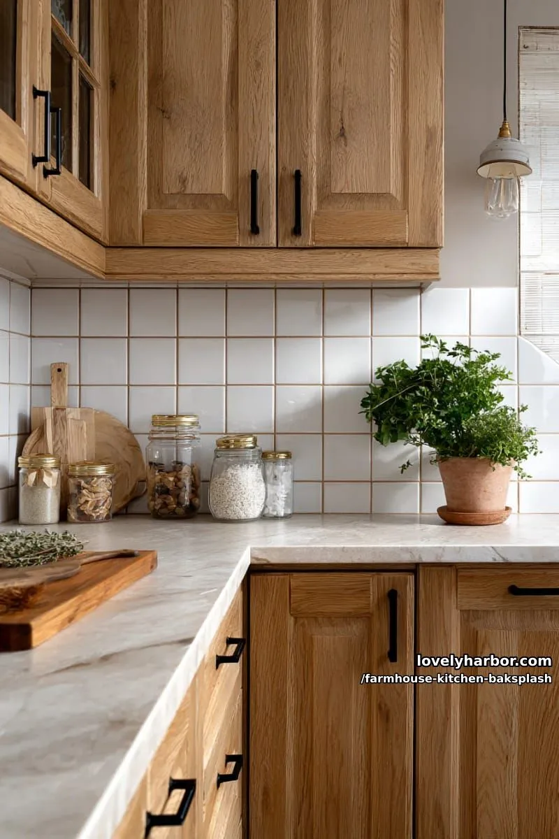 white square tiles with caramel grout for a cozy traditional farmhouse kitchen 1