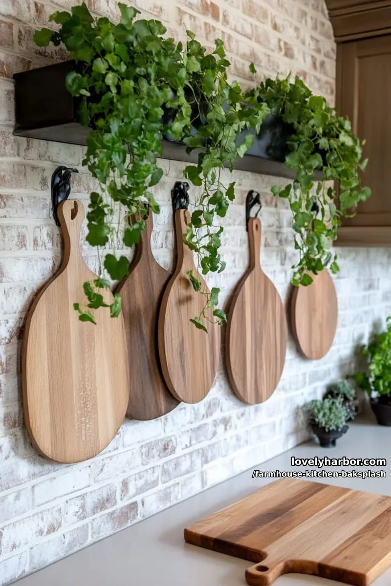 whitewashed brick with trailing green plants and oversized cutting boards 1