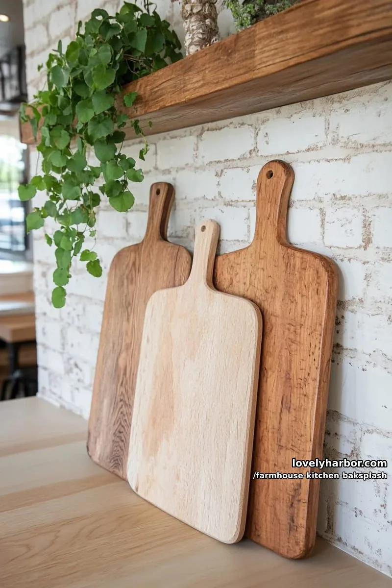 whitewashed brick with trailing green plants and oversized cutting boards 1
