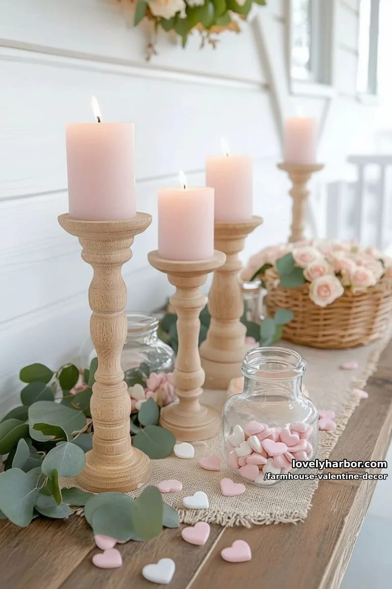 19 Farmhouse Valentine's Day Home Decor Ideas 85 whitewashed wooden candlesticks topped with pink taper candles 1