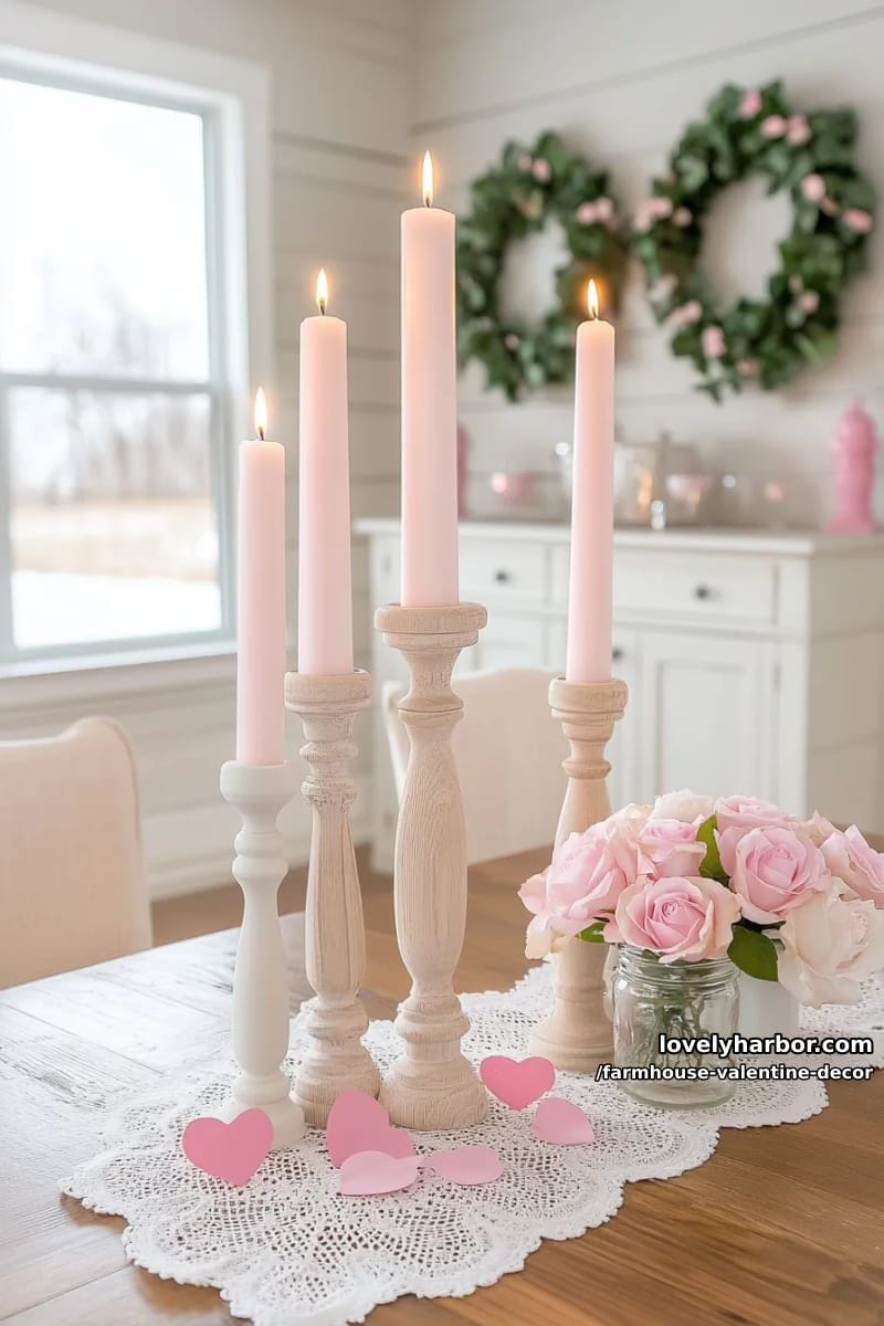 19 Farmhouse Valentine's Day Home Decor Ideas 86 whitewashed wooden candlesticks topped with pink taper candles 1