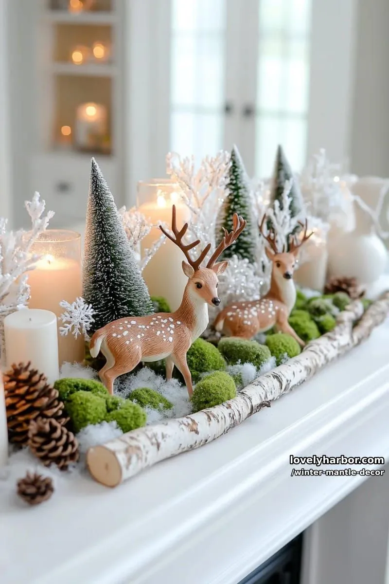 15 Stylish Winter Mantel Looks to Elevate Your Home 11 winter forest scene with miniature deer, moss, bottle brush trees, and snowflakes. 1
