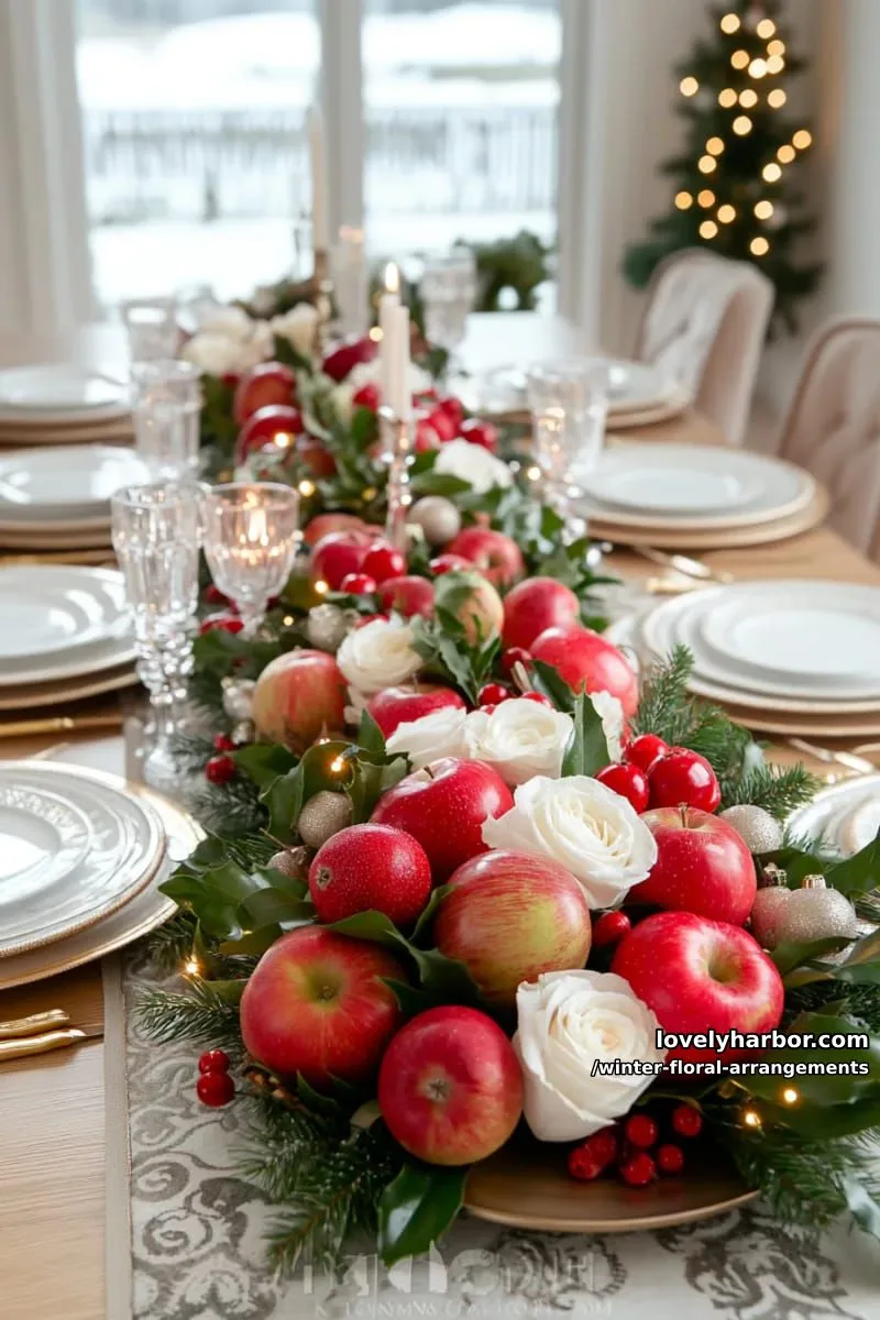 winter fruit centerpiece with apples, greenery, and white roses 1