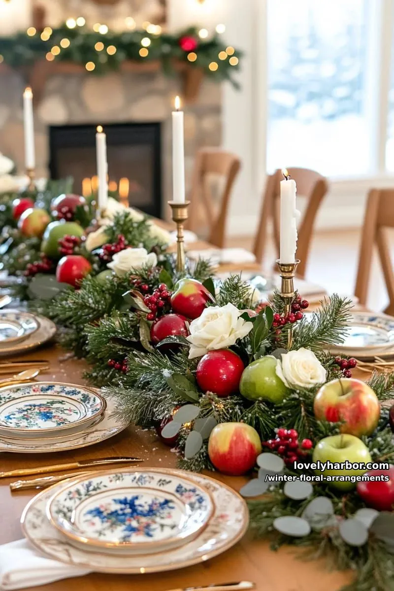 winter fruit centerpiece with apples, greenery, and white roses 1