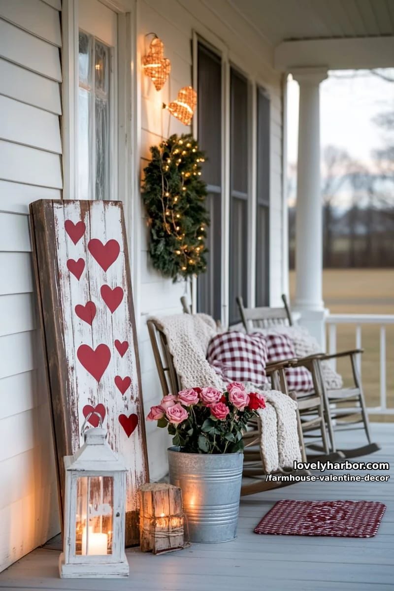 19 Farmhouse Valentine's Day Home Decor Ideas 47 wooden porch sign with hand-painted hearts and distressed edges 1