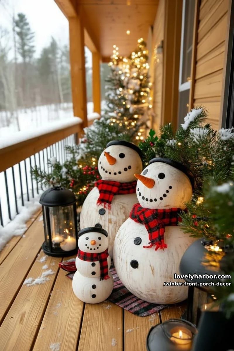 wooden snowman trio standing beside lanterns and frosted planters 1